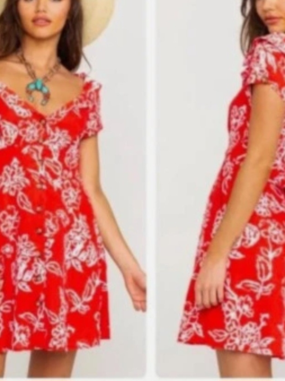 Free People Red Floral V-Neck Short Sleeve Dress